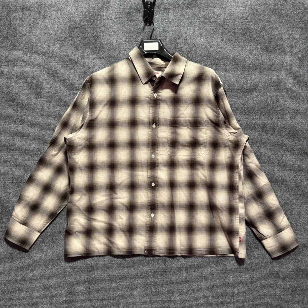 Levis Shirt Mens Boxy Large Plaid‎ Button Shirt Brown Tan Long Sleeve Cream